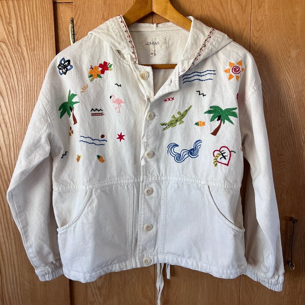 The Great. The Waterfront Jacket, Embroidered Cream Denim Twill, Sz 2 Medium EUC